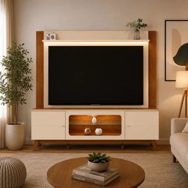 HOME PARA TV ATÉ 70" COM LED MACEIÓ MOBLER - OFF WHITE/CANELA